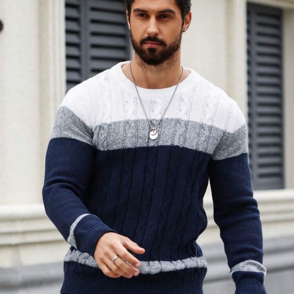 Manfinity Homme Men's Color Blocking Cable Knitted Sweater , Crew Neck - Picture 2 of 4